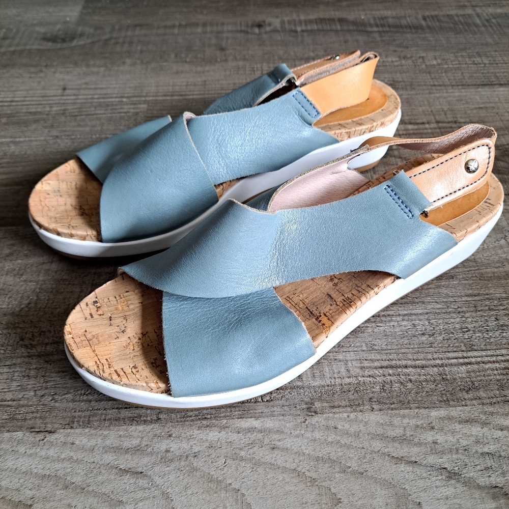 PIKOLINOS Light Blue Leather Cork Slingback Sandals